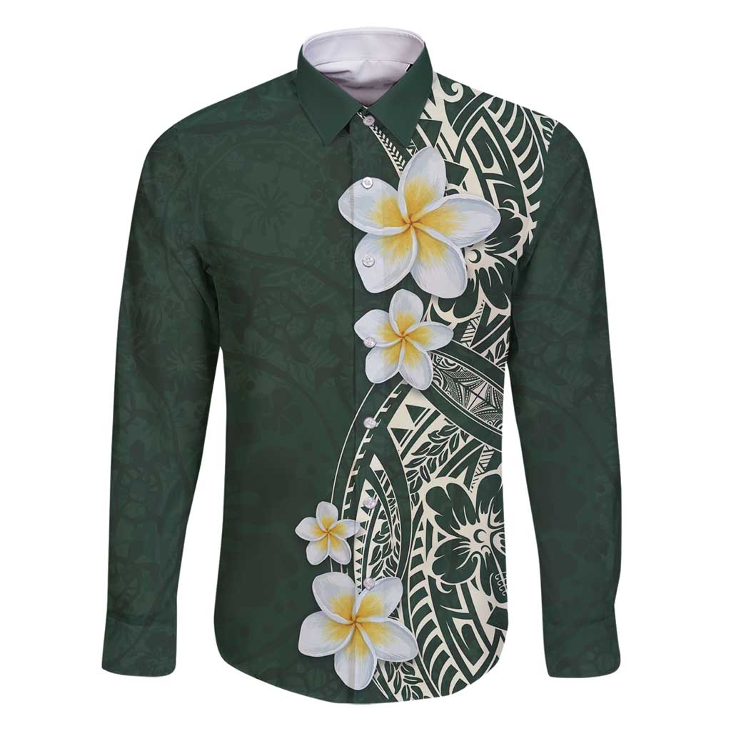 Plumeria Family Matching Off Shoulder Short Dress and Hawaiian Shirt Polynesian Tribal Frangipani Green