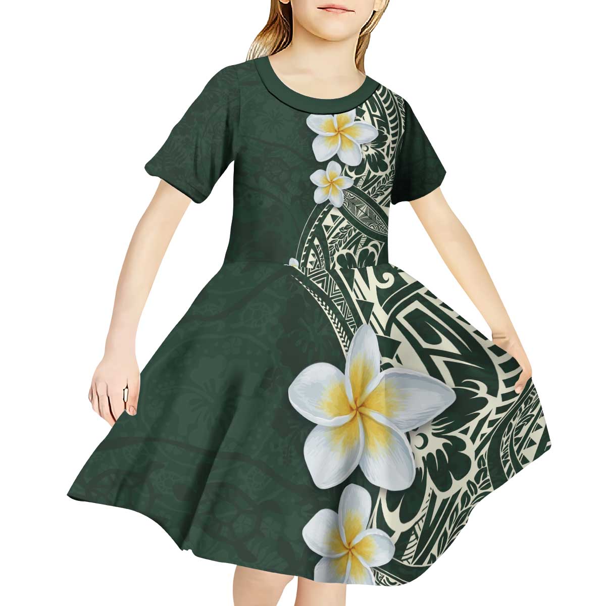 Plumeria Kid Short Sleeve Dress Polynesian Tribal Frangipani Green