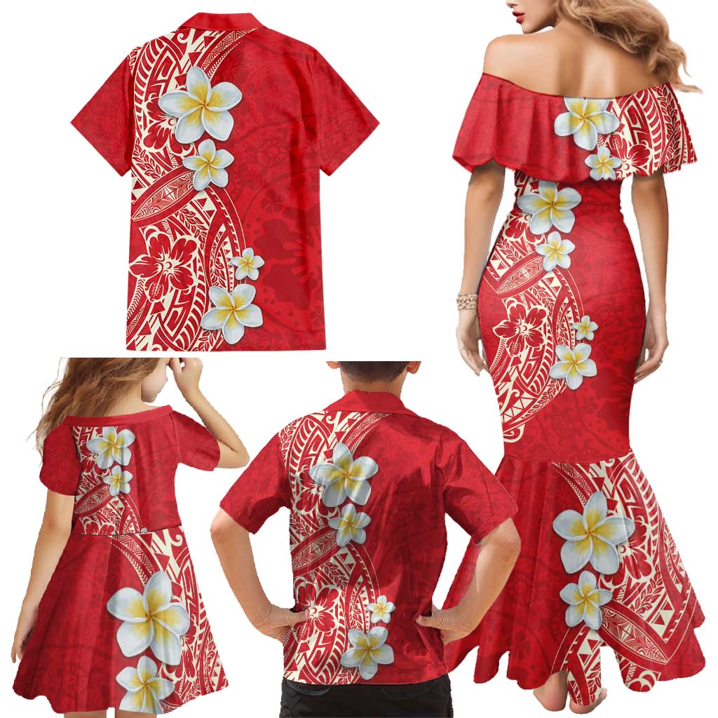 Plumeria Family Matching Mermaid Dress and Hawaiian Shirt Polynesian Tribal Frangipani Red