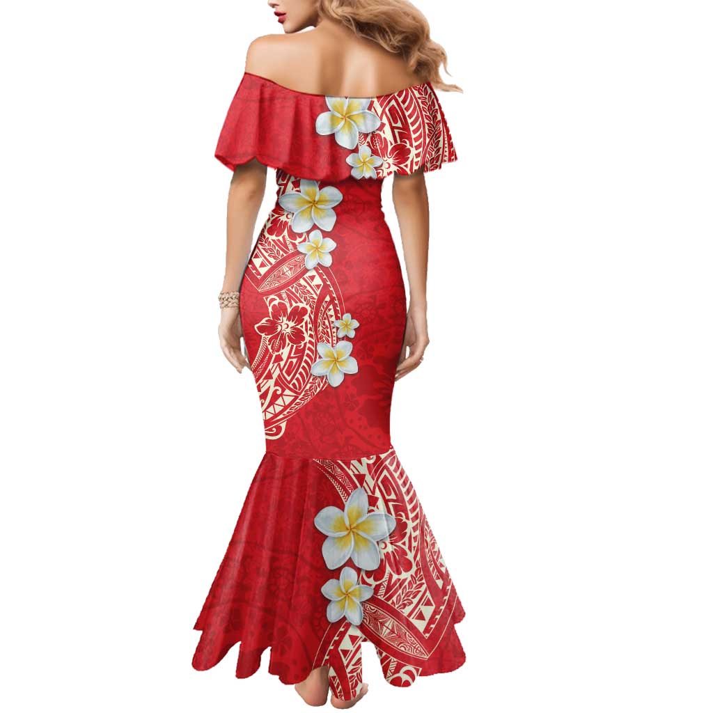 Plumeria Family Matching Mermaid Dress and Hawaiian Shirt Polynesian Tribal Frangipani Red