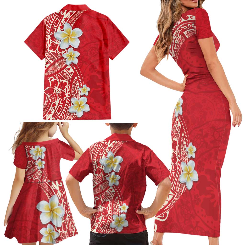 Plumeria Family Matching Short Sleeve Bodycon Dress and Hawaiian Shirt Polynesian Tribal Frangipani Red