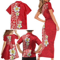 Plumeria Family Matching Short Sleeve Bodycon Dress and Hawaiian Shirt Polynesian Tribal Frangipani Red