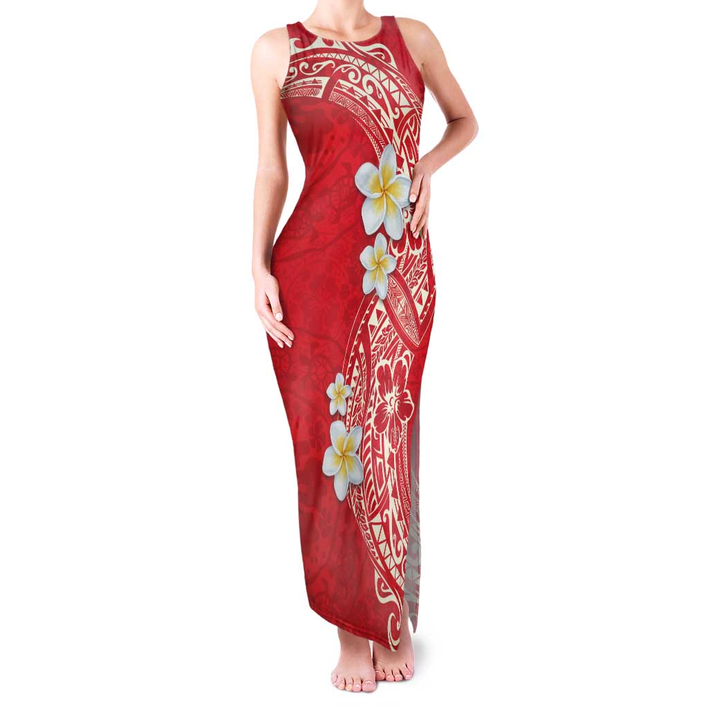 Plumeria Family Matching Tank Maxi Dress and Hawaiian Shirt Polynesian Tribal Frangipani Red