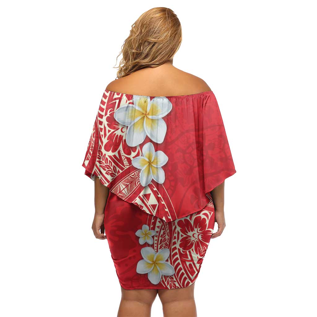 Plumeria Off Shoulder Short Dress Polynesian Tribal Frangipani Red LT03 - Polynesian Pride