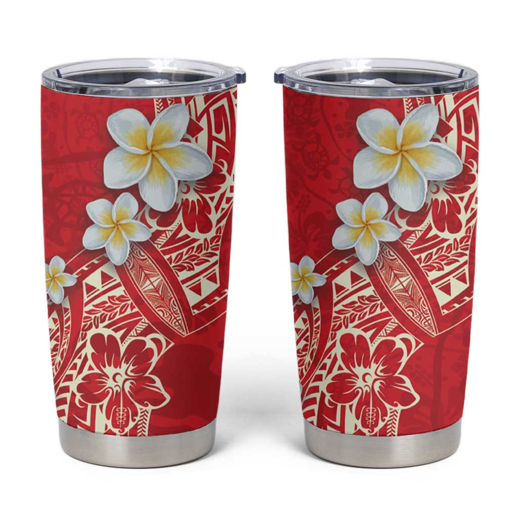 Polynesian Tattoos Frangipani Tumbler Cup Hibiscus Turtles and Tribal Motifs Vintage Floral - Red Color