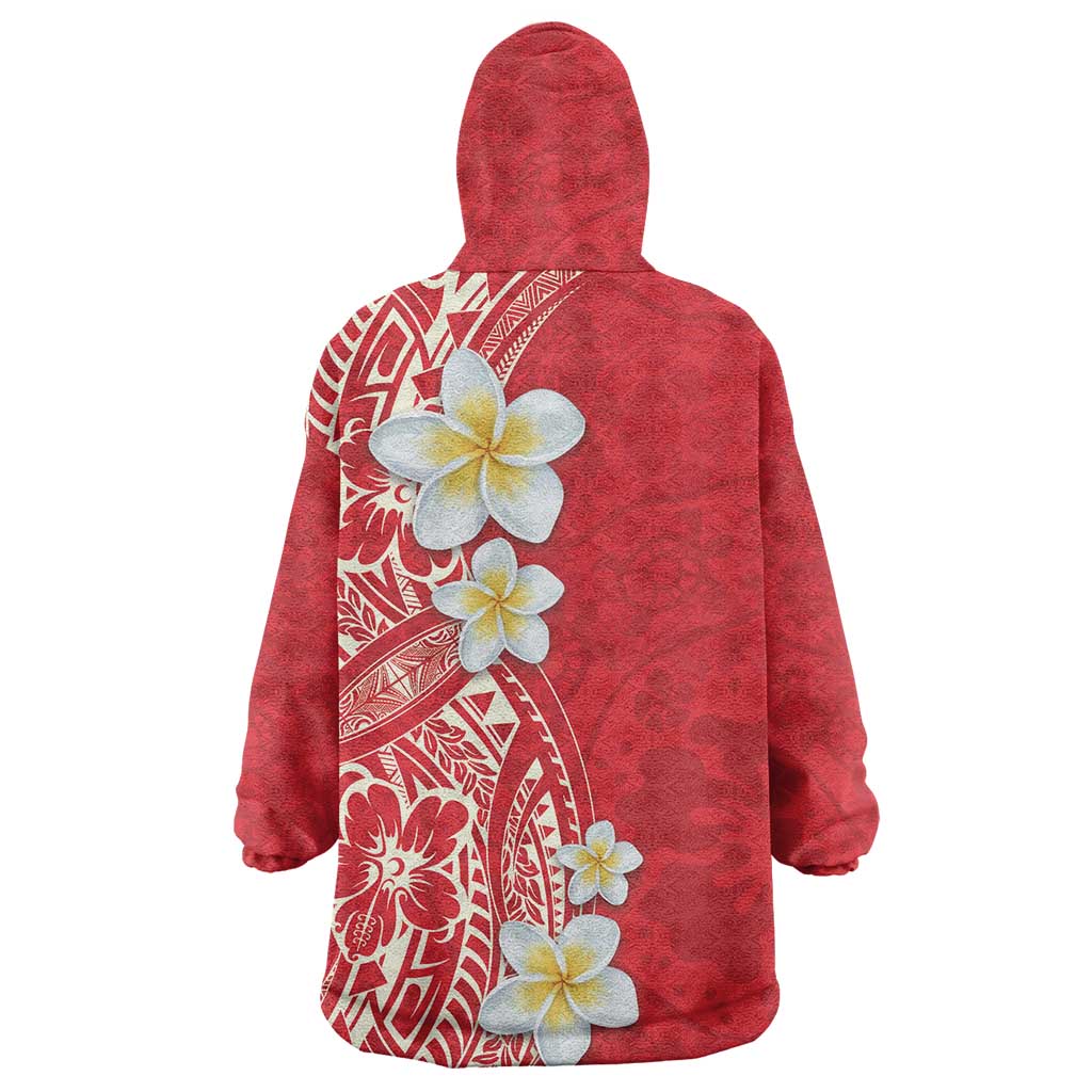 Plumeria Wearable Blanket Hoodie Polynesian Tribal Frangipani Red