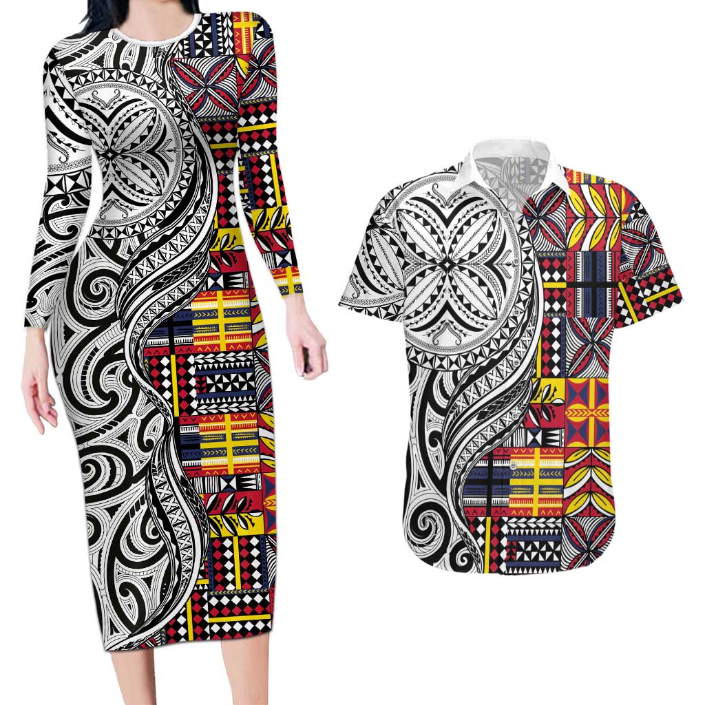 Niue Hiapo and Maori Decoration Tattoos Couples Matching Long Sleeve Bodycon Dress and Hawaiian Shirt - Polynesian Pride