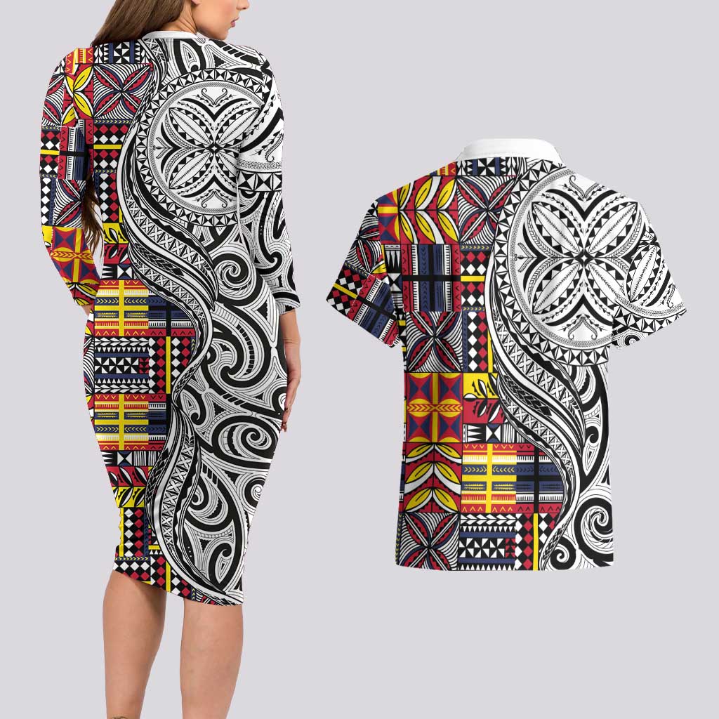 Niue Hiapo and Maori Decoration Tattoos Couples Matching Long Sleeve Bodycon Dress and Hawaiian Shirt - Polynesian Pride