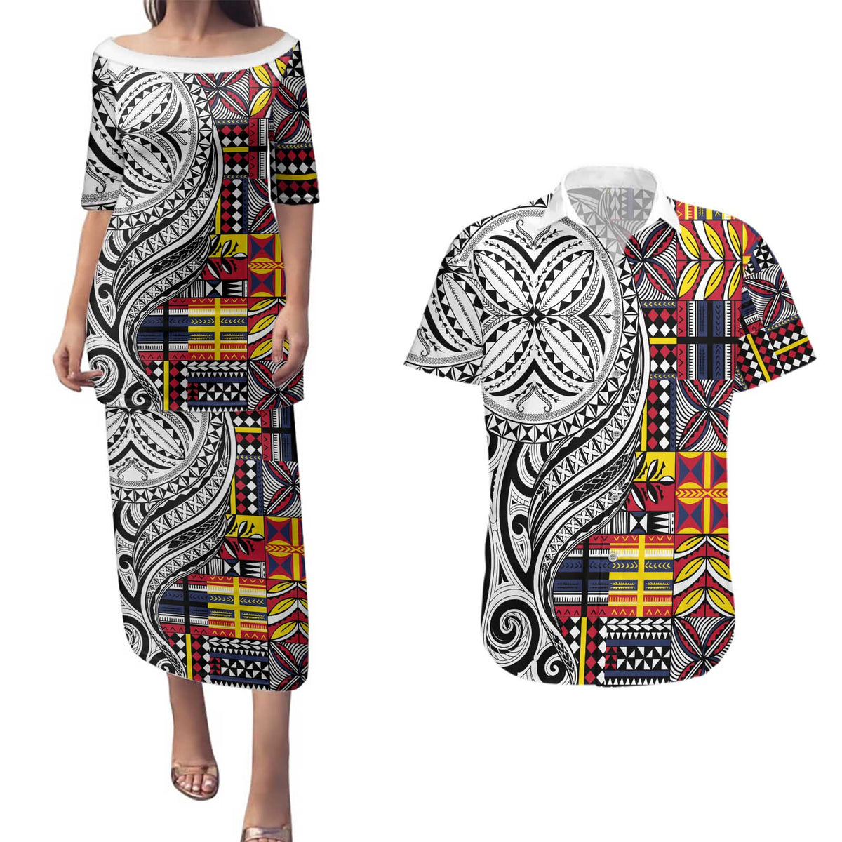 Niue Hiapo and Maori Decoration Tattoos Couples Matching Puletasi and Hawaiian Shirt - Polynesian Pride