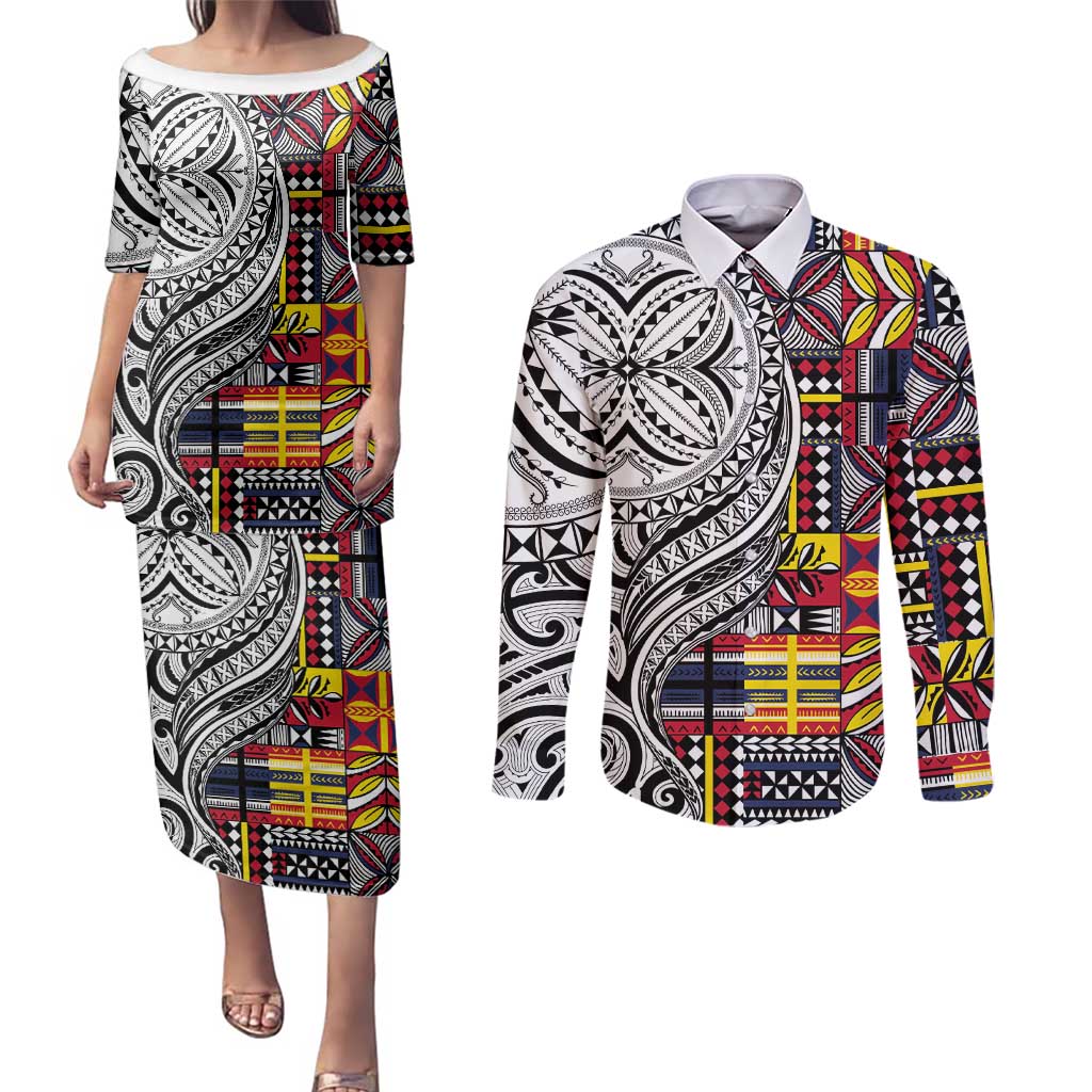 Niue Hiapo and Maori Decoration Tattoos Couples Matching Puletasi and Long Sleeve Button Shirt - Polynesian Pride