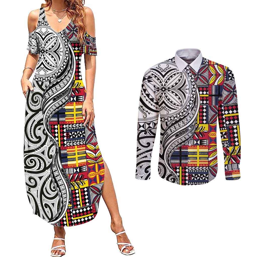Niue Hiapo and Maori Decoration Tattoos Couples Matching Summer Maxi Dress and Long Sleeve Button Shirt - Polynesian Pride