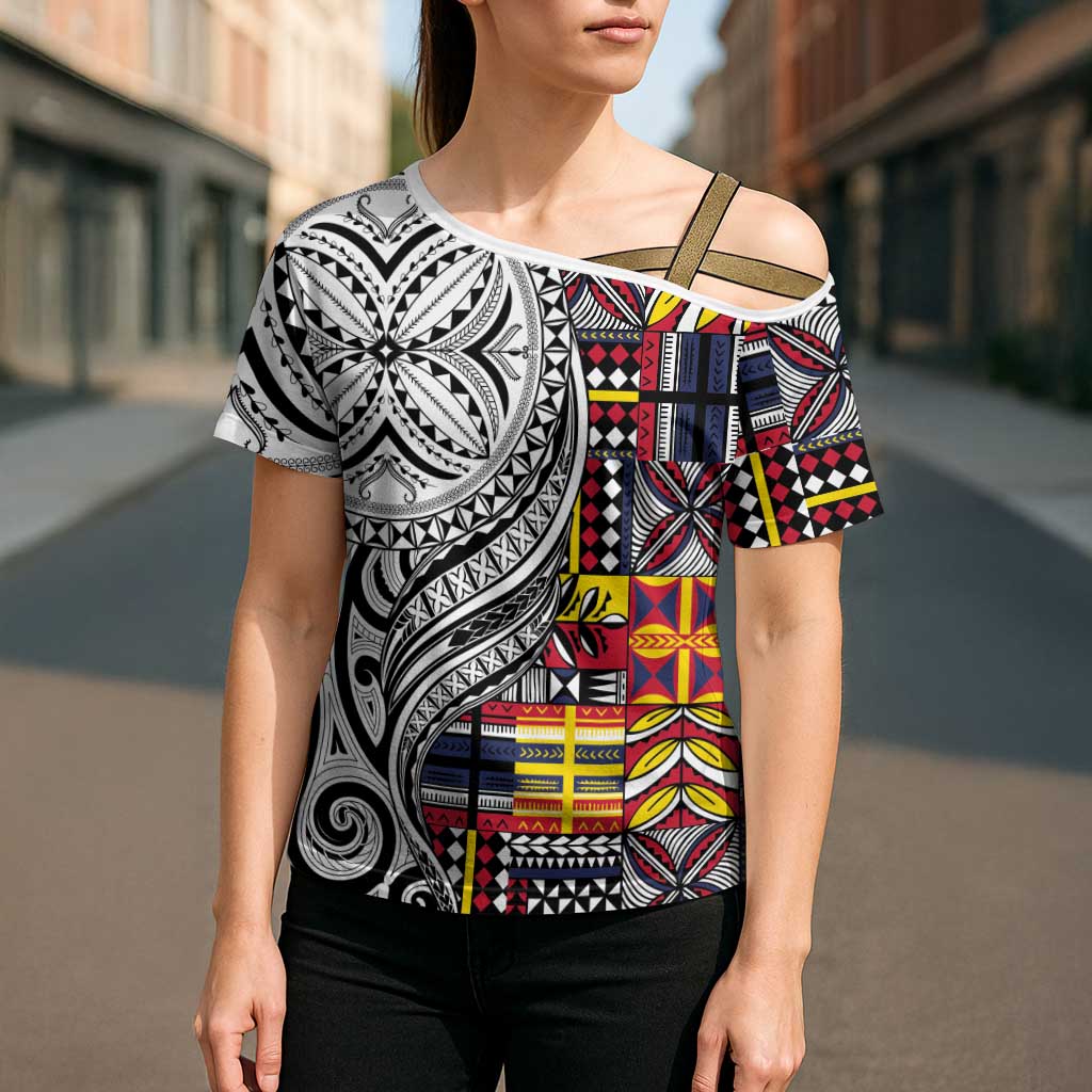 Niue Hiapo and Maori Decoration Tattoos Cross Shoulder Shirt - Polynesian Pride