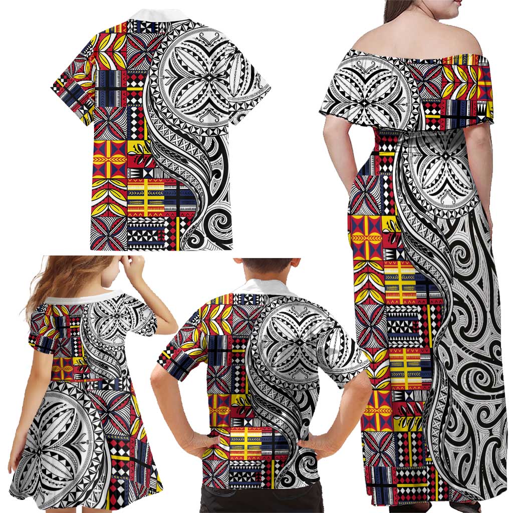 Niue Hiapo and Maori Decoration Tattoos Family Matching Off Shoulder Maxi Dress and Hawaiian Shirt - Polynesian Pride