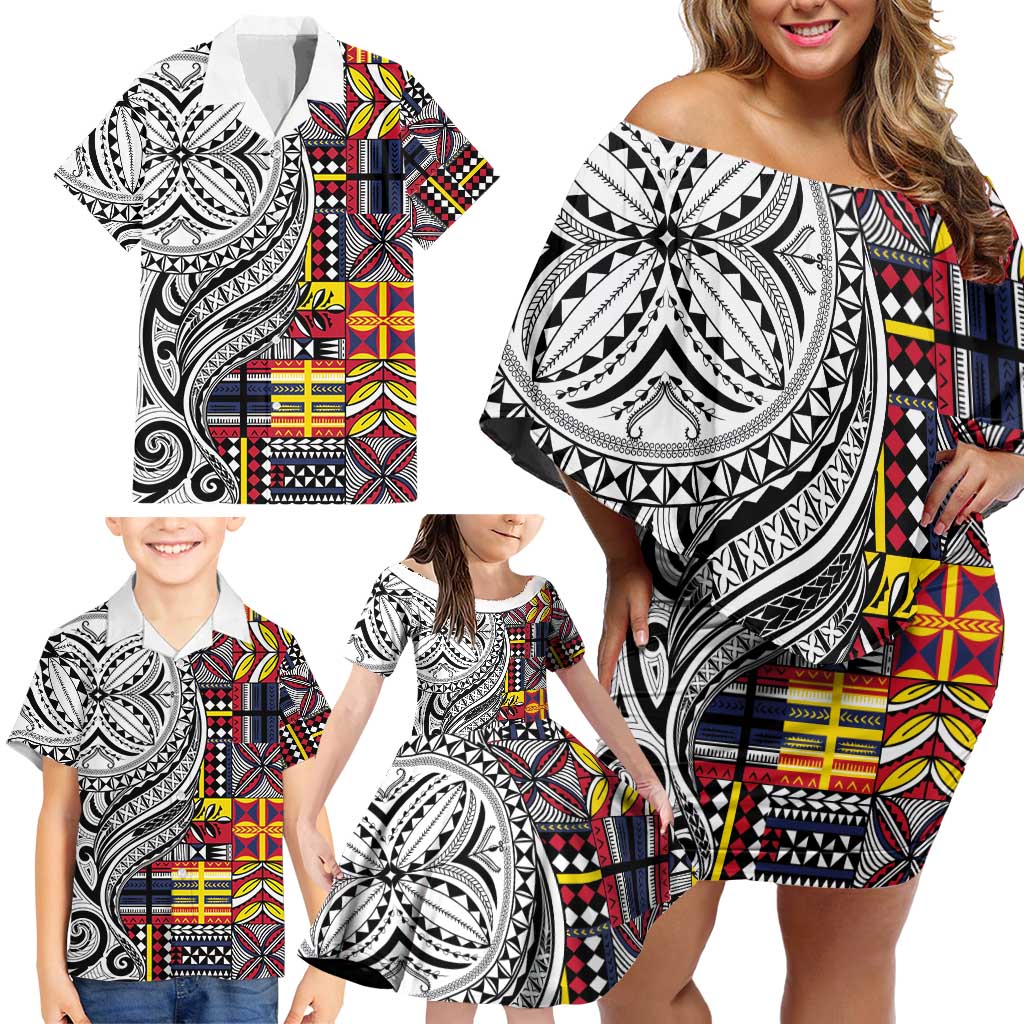 Niue Hiapo and Maori Decoration Tattoos Family Matching Off Shoulder Short Dress and Hawaiian Shirt - Polynesian Pride