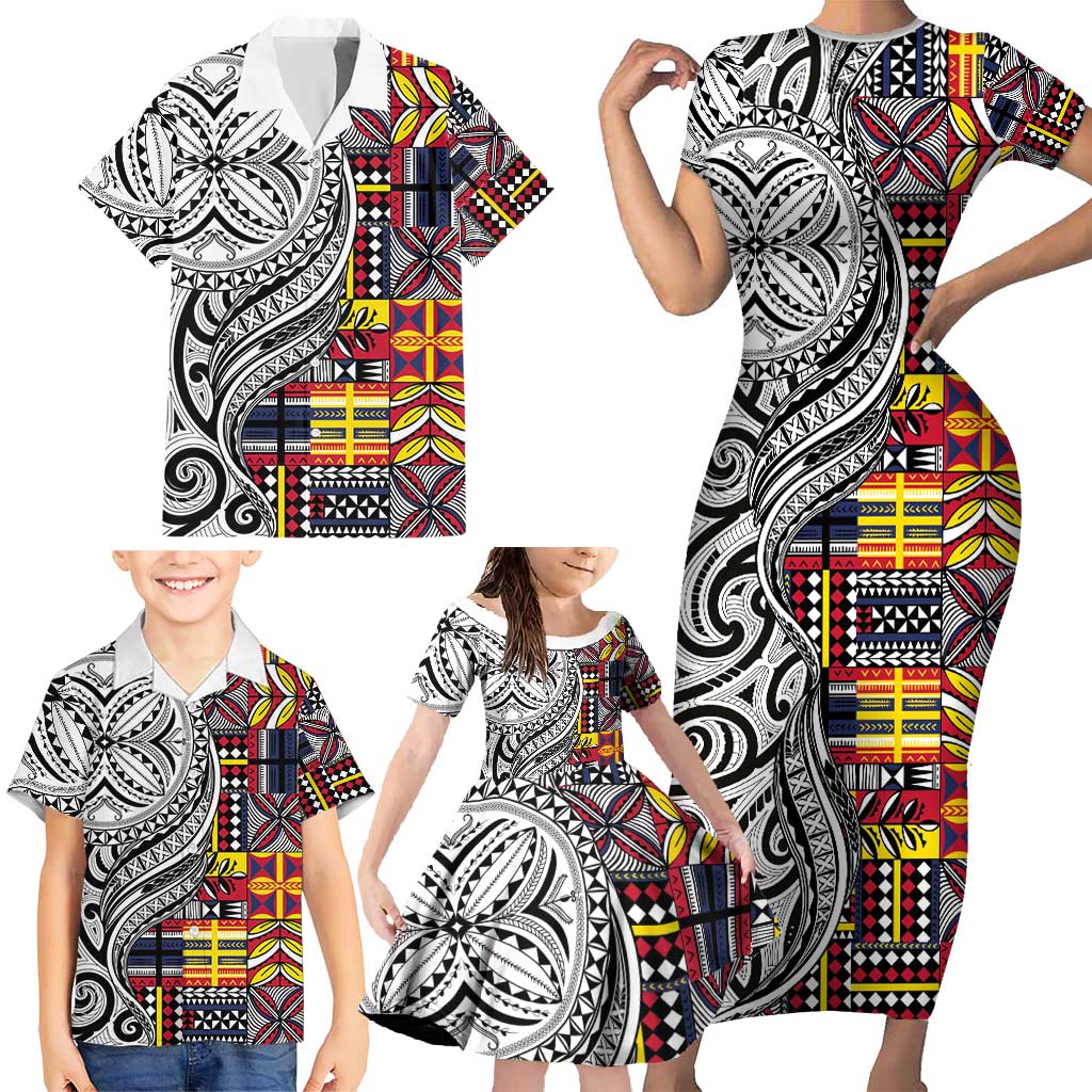 Niue Hiapo and Maori Decoration Tattoos Family Matching Short Sleeve Bodycon Dress and Hawaiian Shirt - Polynesian Pride