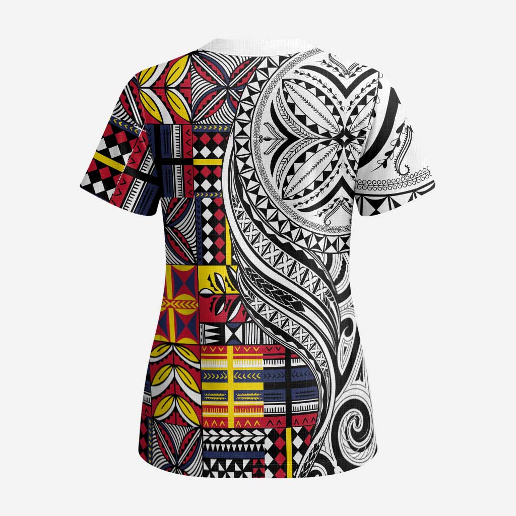 Niue Hiapo and Maori Decoration Tattoos Scrub Top - Polynesian Pride