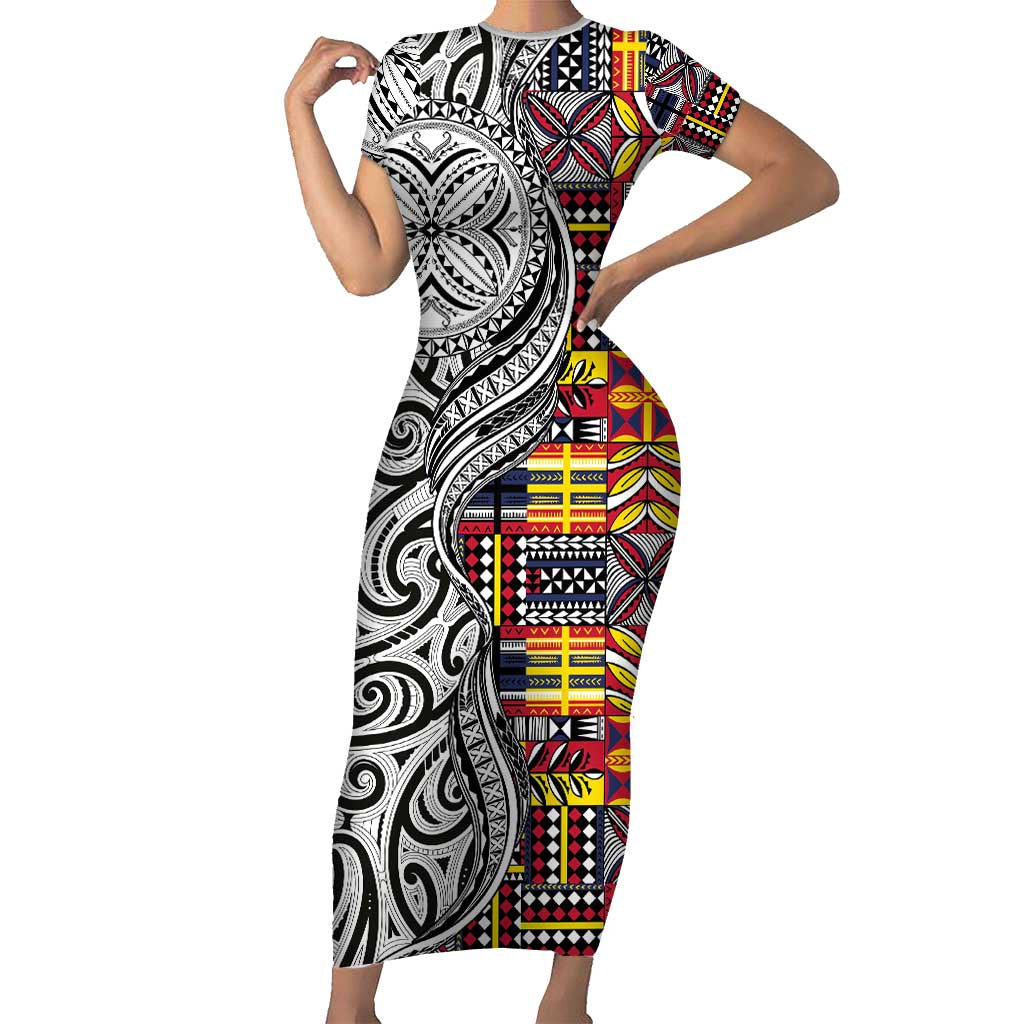 Niue Hiapo and Maori Decoration Tattoos Short Sleeve Bodycon Dress - Polynesian Pride
