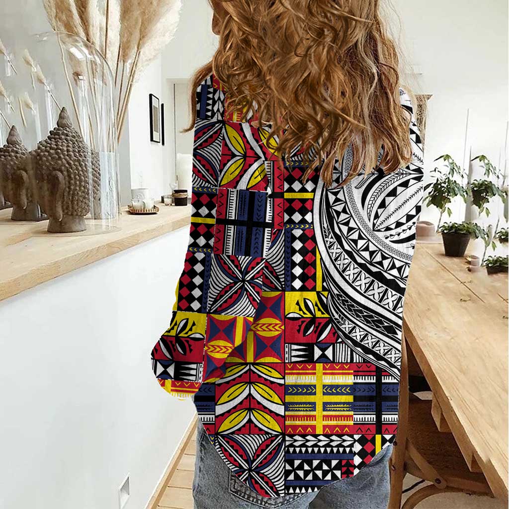 Niue Hiapo and Maori Decoration Tattoos Women Casual Shirt - Polynesian Pride