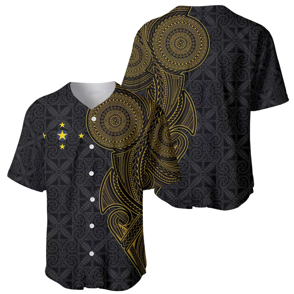 Niue Polynesian Hiapo Tattoo Art Baseball Jersey Half Style Black Gold Color - Polynesian Pride