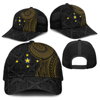 Niue Polynesian Hiapo Tattoo Art Baseball Net Cap Half Style Black Gold Color - Polynesian Pride