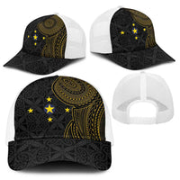 Niue Polynesian Hiapo Tattoo Art Baseball Net Cap Half Style Black Gold Color - Polynesian Pride