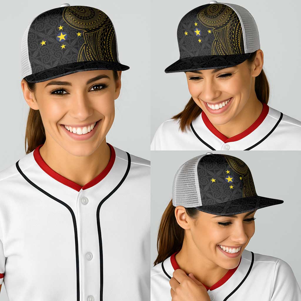 Niue Polynesian Hiapo Tattoo Art Baseball Net Cap Half Style Black Gold Color - Polynesian Pride