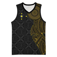 Niue Polynesian Hiapo Tattoo Art Basketball Jersey Half Style Black Gold Color - Polynesian Pride
