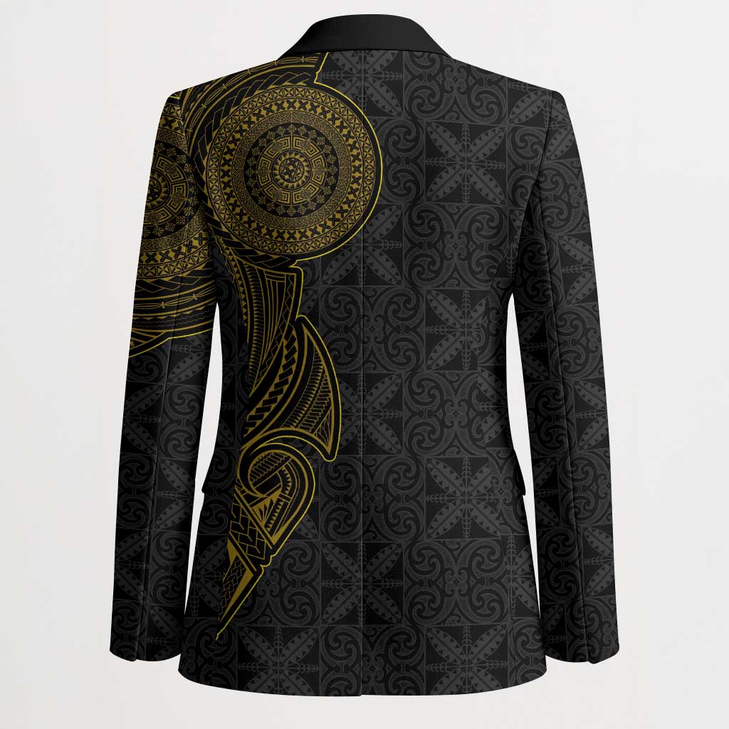 Niue Polynesian Hiapo Tattoo Art Blazer Half Style Black Gold Color - Polynesian Pride