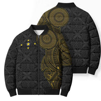 Niue Polynesian Hiapo Tattoo Art Bomber Puffer Jacket Half Style Black Gold Color - Polynesian Pride