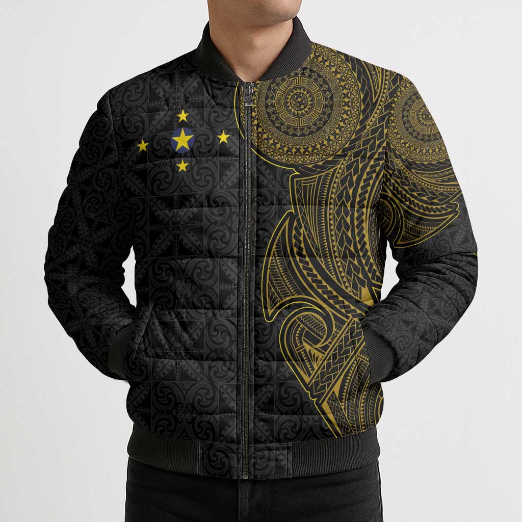 Niue Polynesian Hiapo Tattoo Art Bomber Puffer Jacket Half Style Black Gold Color - Polynesian Pride