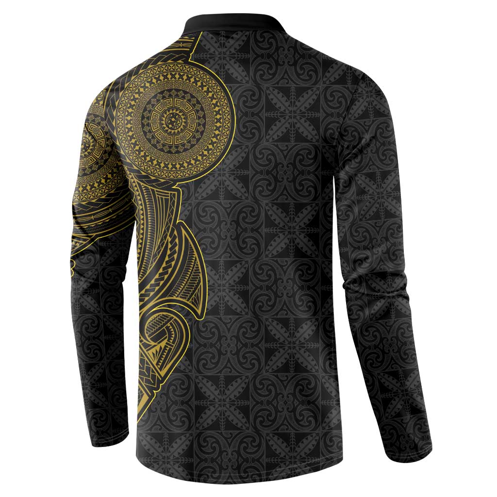 Niue Polynesian Hiapo Tattoo Art Button Sweatshirt Half Style Black Gold Color - Polynesian Pride