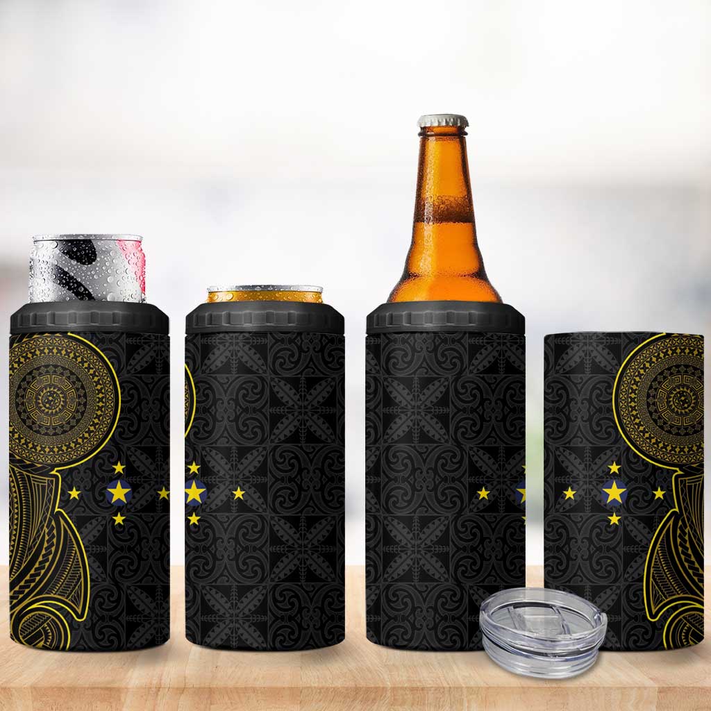 Niue Polynesian Hiapo Tattoo Art 4 in 1 Can Cooler Tumbler Half Style Black Gold Color - Polynesian Pride