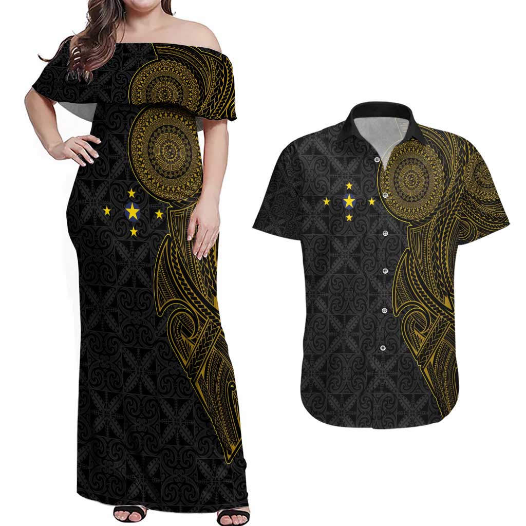 Niue Polynesian Hiapo Tattoo Art Couples Matching Off Shoulder Maxi Dress and Hawaiian Shirt Half Style Black Gold Color - Polynesian Pride