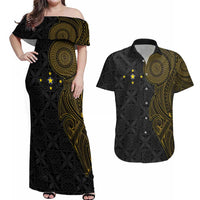 Niue Polynesian Hiapo Tattoo Art Couples Matching Off Shoulder Maxi Dress and Hawaiian Shirt Half Style Black Gold Color - Polynesian Pride