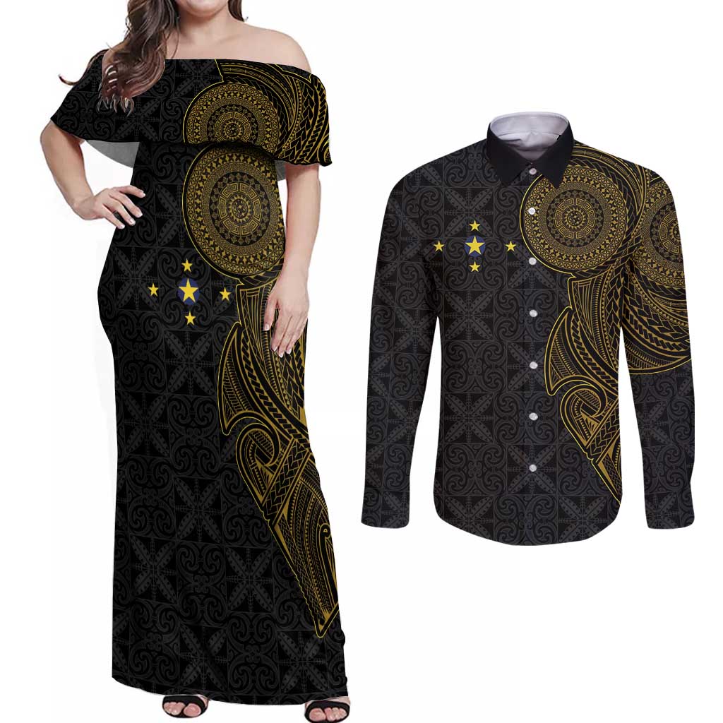 Niue Polynesian Hiapo Tattoo Art Couples Matching Off Shoulder Maxi Dress and Long Sleeve Button Shirt Half Style Black Gold Color - Polynesian Pride