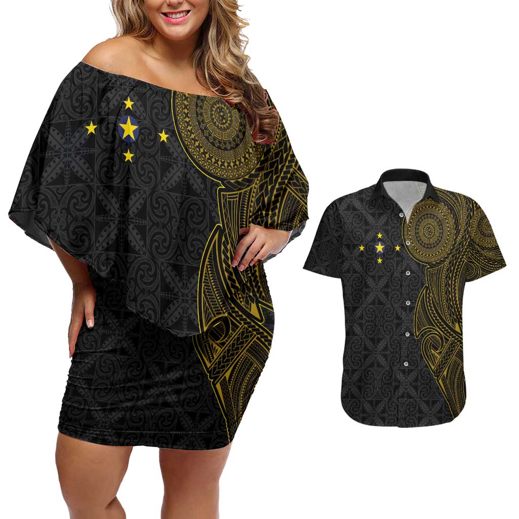 Niue Polynesian Hiapo Tattoo Art Couples Matching Off Shoulder Short Dress and Hawaiian Shirt Half Style Black Gold Color - Polynesian Pride
