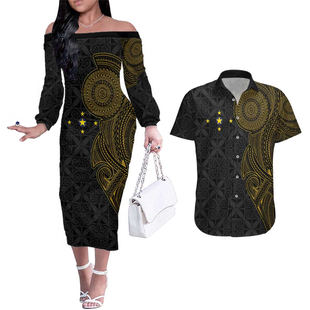 Niue Polynesian Hiapo Tattoo Art Couples Matching Off The Shoulder Long Sleeve Dress and Hawaiian Shirt Half Style Black Gold Color - Polynesian Pride