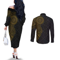 Niue Polynesian Hiapo Tattoo Art Couples Matching Off The Shoulder Long Sleeve Dress and Long Sleeve Button Shirt Half Style Black Gold Color - Polynesian Pride