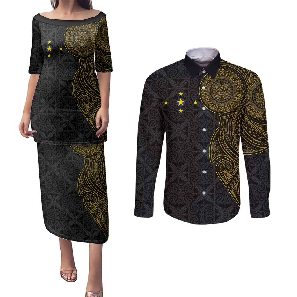 Niue Polynesian Hiapo Tattoo Art Couples Matching Puletasi and Long Sleeve Button Shirt Half Style Black Gold Color - Polynesian Pride