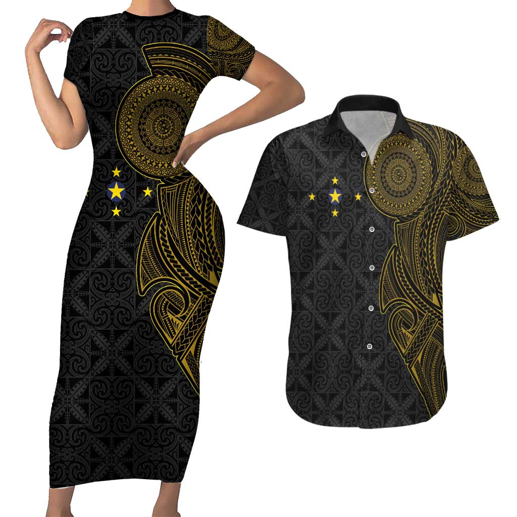 Niue Polynesian Hiapo Tattoo Art Couples Matching Short Sleeve Bodycon Dress and Hawaiian Shirt Half Style Black Gold Color - Polynesian Pride