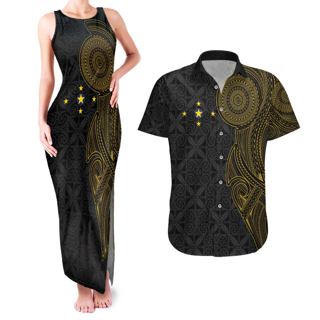 Niue Polynesian Hiapo Tattoo Art Couples Matching Tank Maxi Dress and Hawaiian Shirt Half Style Black Gold Color - Polynesian Pride