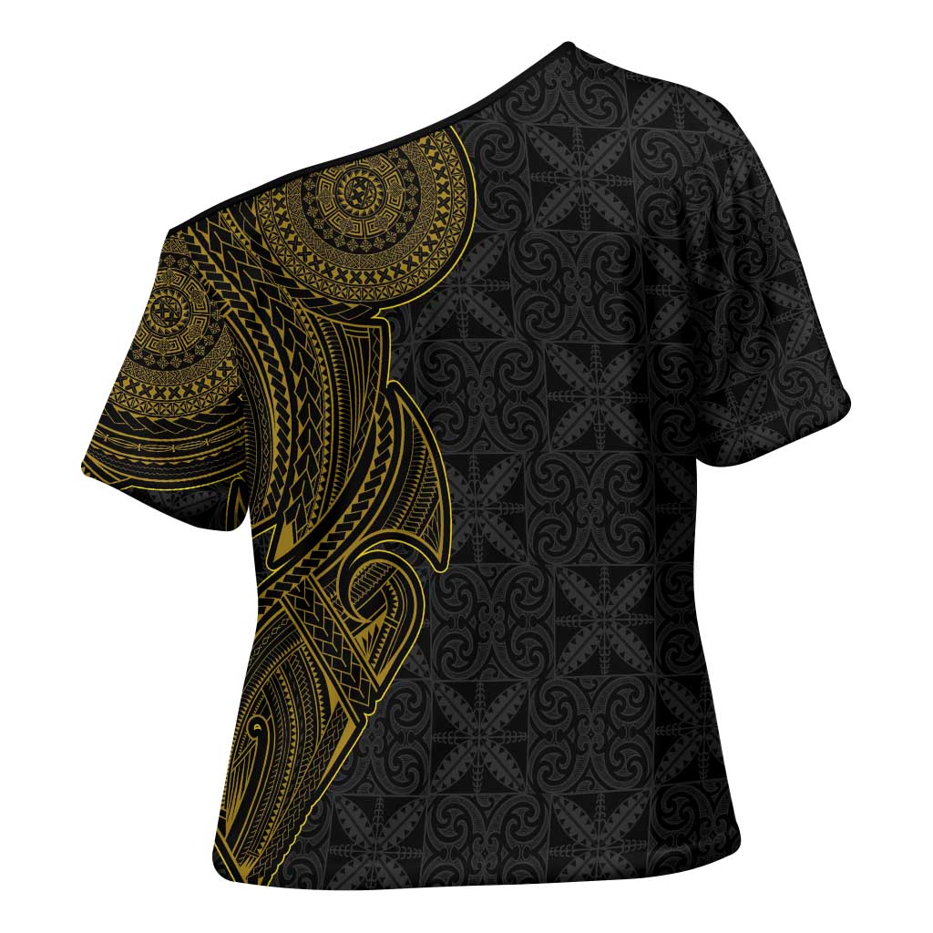 Niue Polynesian Hiapo Tattoo Art Cross Shoulder Shirt Half Style Black Gold Color - Polynesian Pride