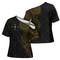 Niue Polynesian Hiapo Tattoo Art Cross Shoulder Shirt Half Style Black Gold Color - Polynesian Pride