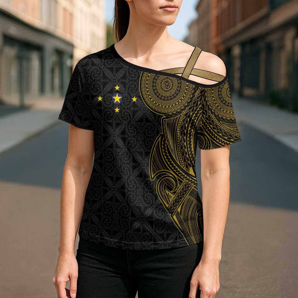 Niue Polynesian Hiapo Tattoo Art Cross Shoulder Shirt Half Style Black Gold Color - Polynesian Pride