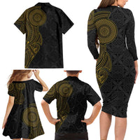 Niue Polynesian Hiapo Tattoo Art Family Matching Long Sleeve Bodycon Dress and Hawaiian Shirt Half Style Black Gold Color - Polynesian Pride