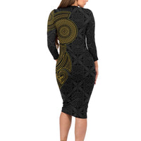 Niue Polynesian Hiapo Tattoo Art Family Matching Long Sleeve Bodycon Dress and Hawaiian Shirt Half Style Black Gold Color - Polynesian Pride
