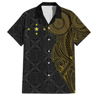 Niue Polynesian Hiapo Tattoo Art Family Matching Off The Shoulder Long Sleeve Dress and Hawaiian Shirt Half Style Black Gold Color - Polynesian Pride