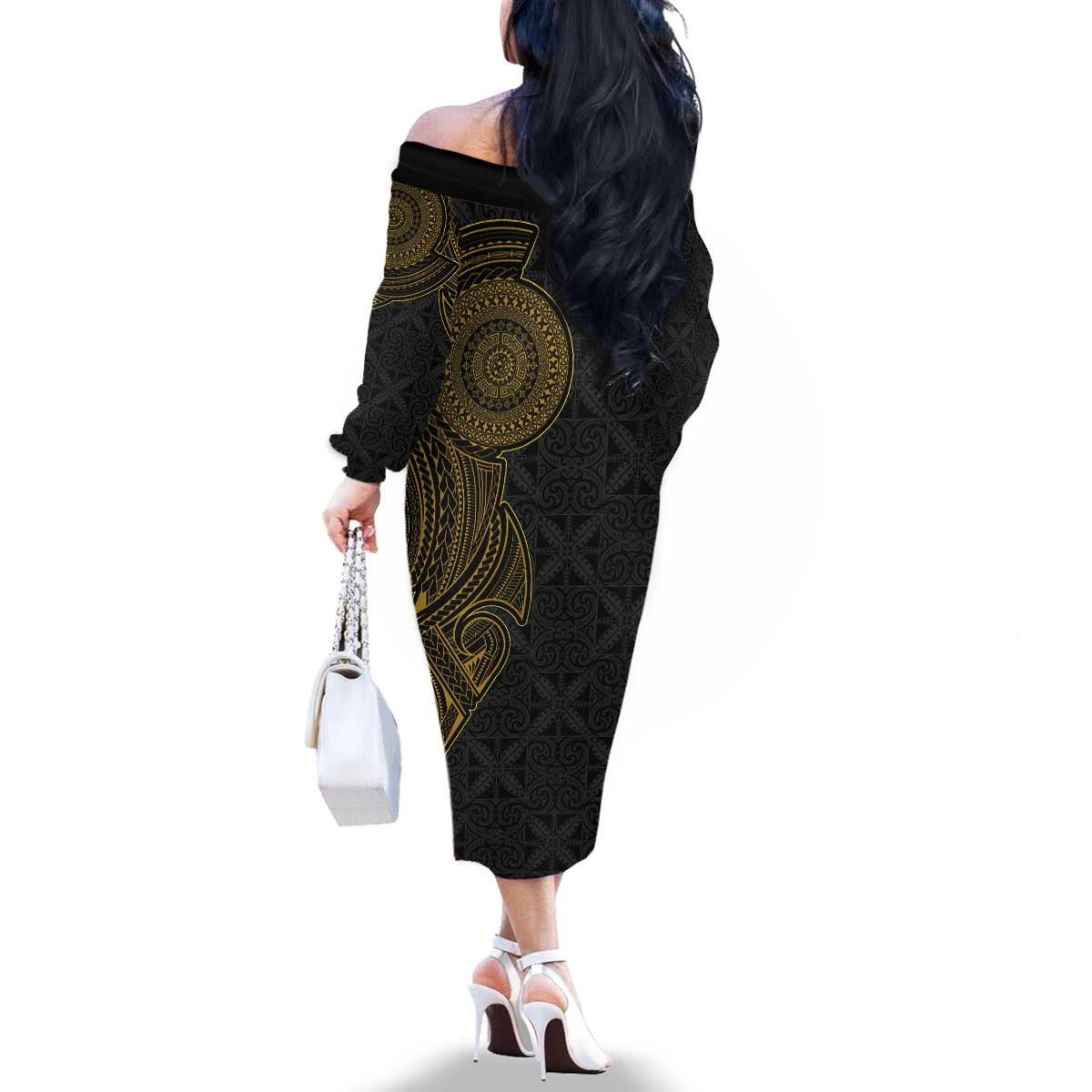 Niue Polynesian Hiapo Tattoo Art Family Matching Off The Shoulder Long Sleeve Dress and Hawaiian Shirt Half Style Black Gold Color - Polynesian Pride