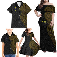 Niue Polynesian Hiapo Tattoo Art Family Matching Off Shoulder Maxi Dress and Hawaiian Shirt Half Style Black Gold Color - Polynesian Pride