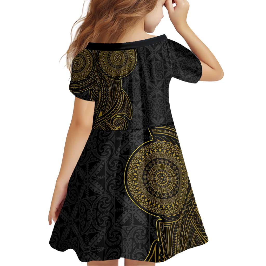 Niue Polynesian Hiapo Tattoo Art Family Matching Off Shoulder Short Dress and Hawaiian Shirt Half Style Black Gold Color - Polynesian Pride